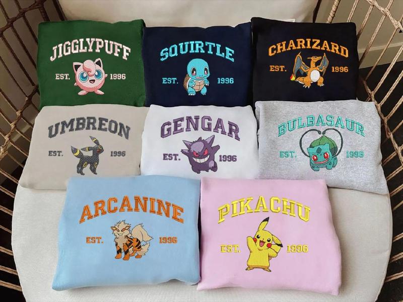 Pokemonn Characters Embroidered Sweatshirt Embroidered Anime Shirt,  Embroidered Hoodie