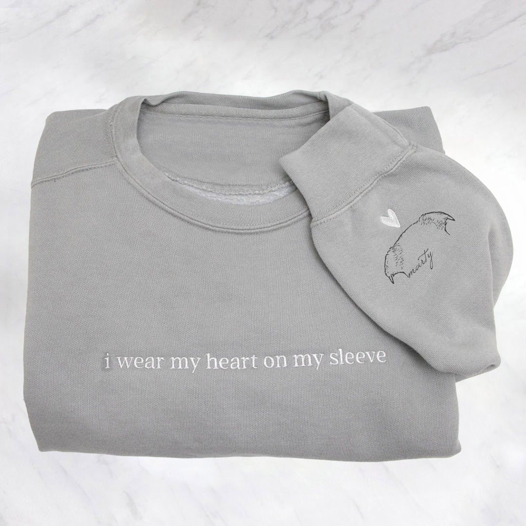 Best Sale!!Personalized Heart On My Sleeve Embroidered Sweatshirt Hoodie with Dog Cat Ears On Sleeve Gift For Any Pet Lovers