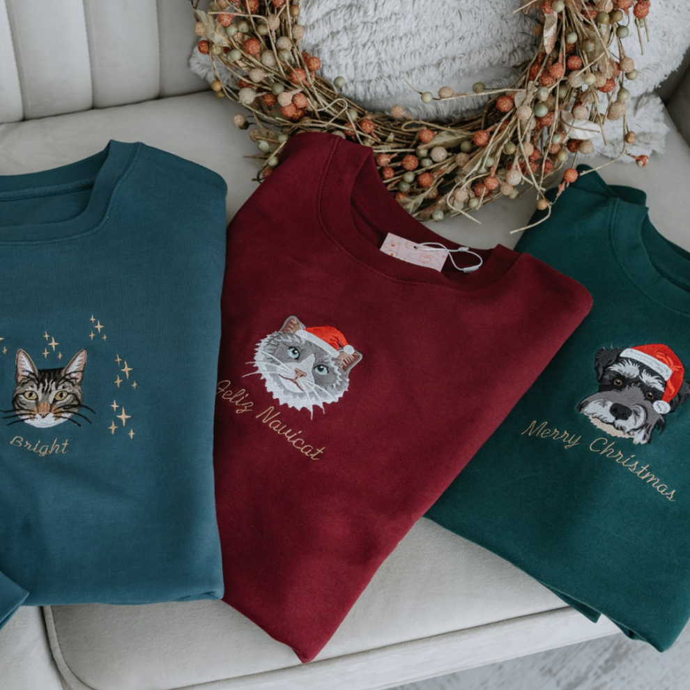 Custom Embroidered Pet Portrait Christmas Jumper Sweatshirt Hoodie T-shirt Xmas Gift