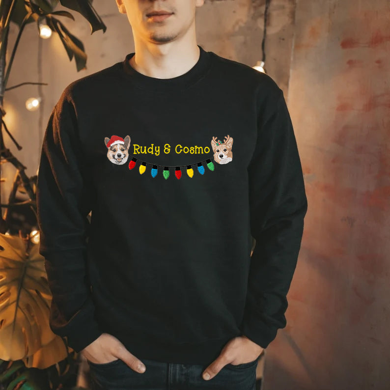 Custom 2 Pets Portrait and Christmas String Lights Embroidered Sweatshirt, Hoodie, T-shirt