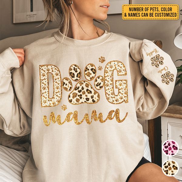 Personalized Leopard Dog Mama Sweatshirt With Dog Names on Sleeve Gift For Dog Mom