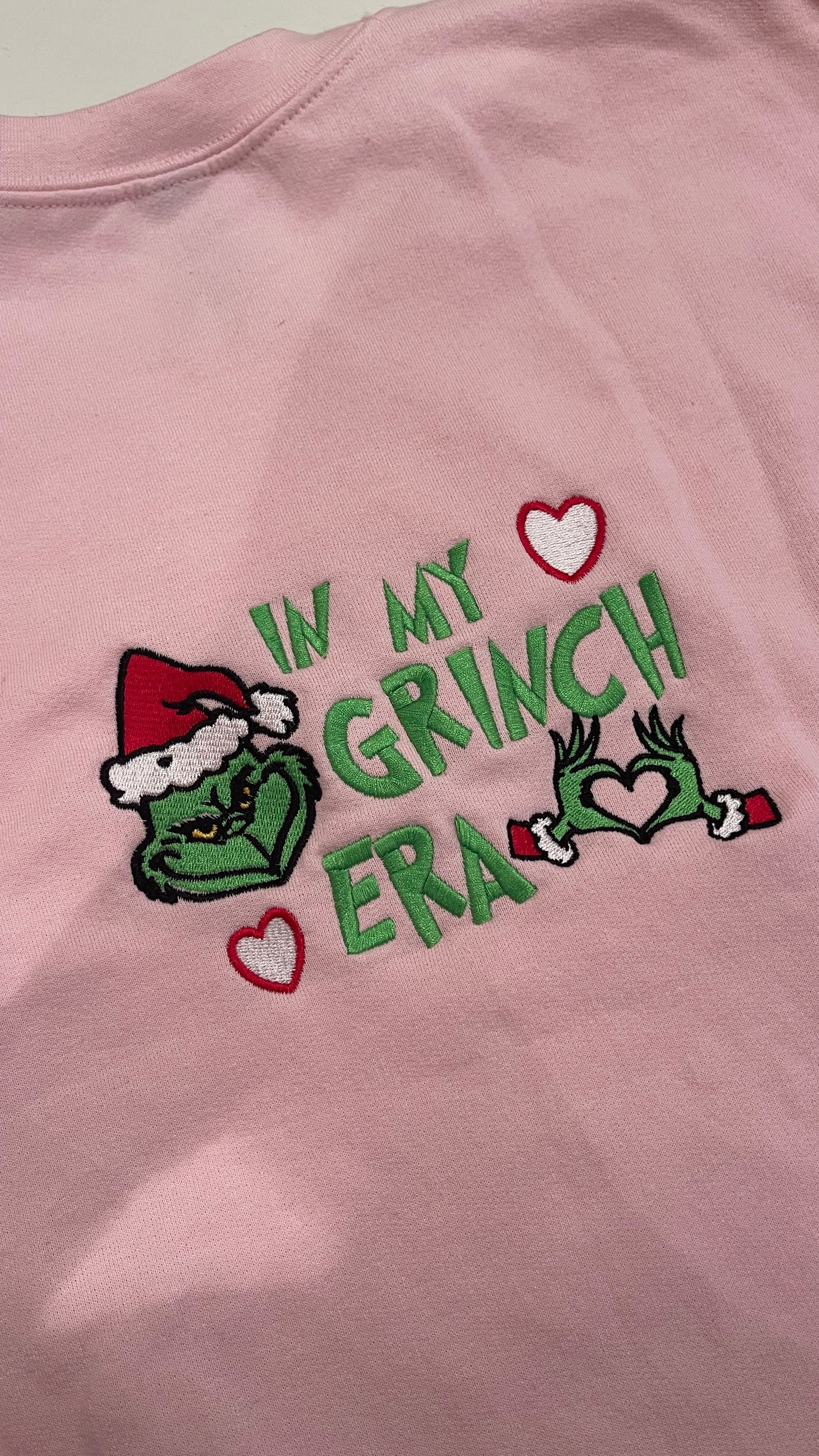 In my Grinch Era Embroidered Crewneck with custom colours