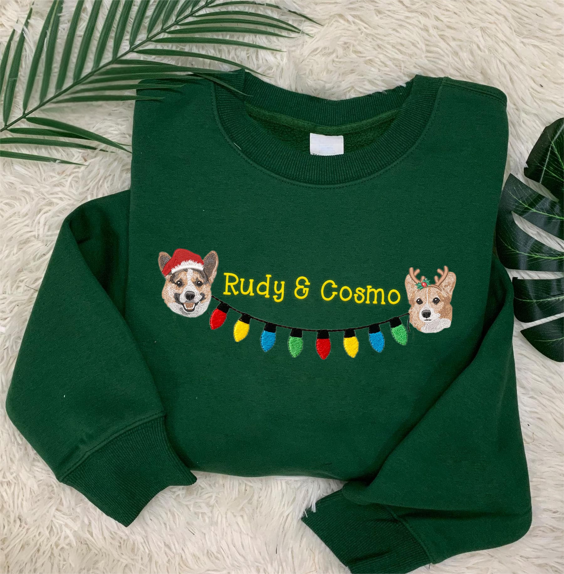 Custom 2 Pets Portrait and Christmas String Lights Embroidered Sweatshirt, Hoodie, T-shirt