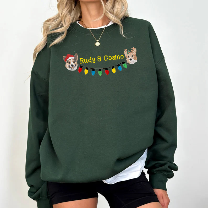 Custom 2 Pets Portrait and Christmas String Lights Embroidered Sweatshirt, Hoodie, T-shirt