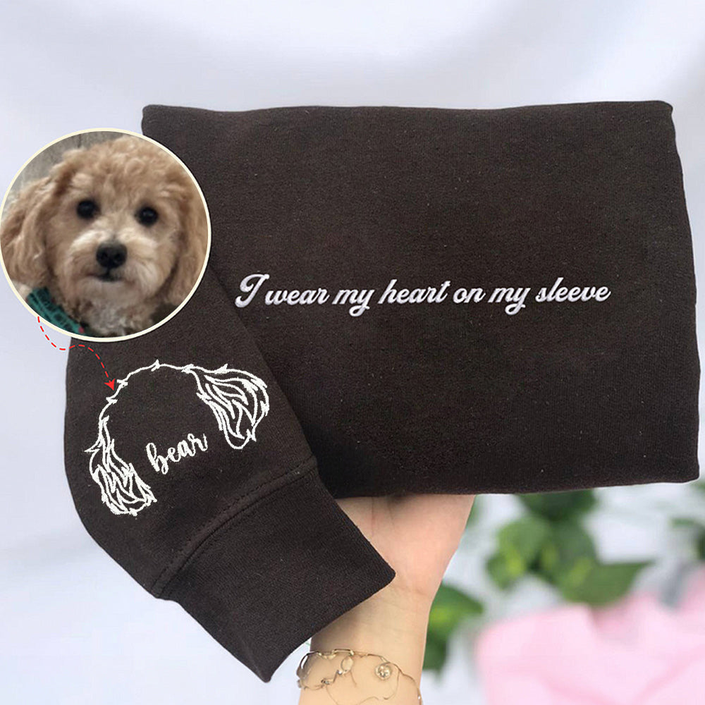 Personalized I Wear My Heart On My Sleeve Embroidered Sweatshirt with Dog Cat Ears On Sleeve Gift For Pet Lovers