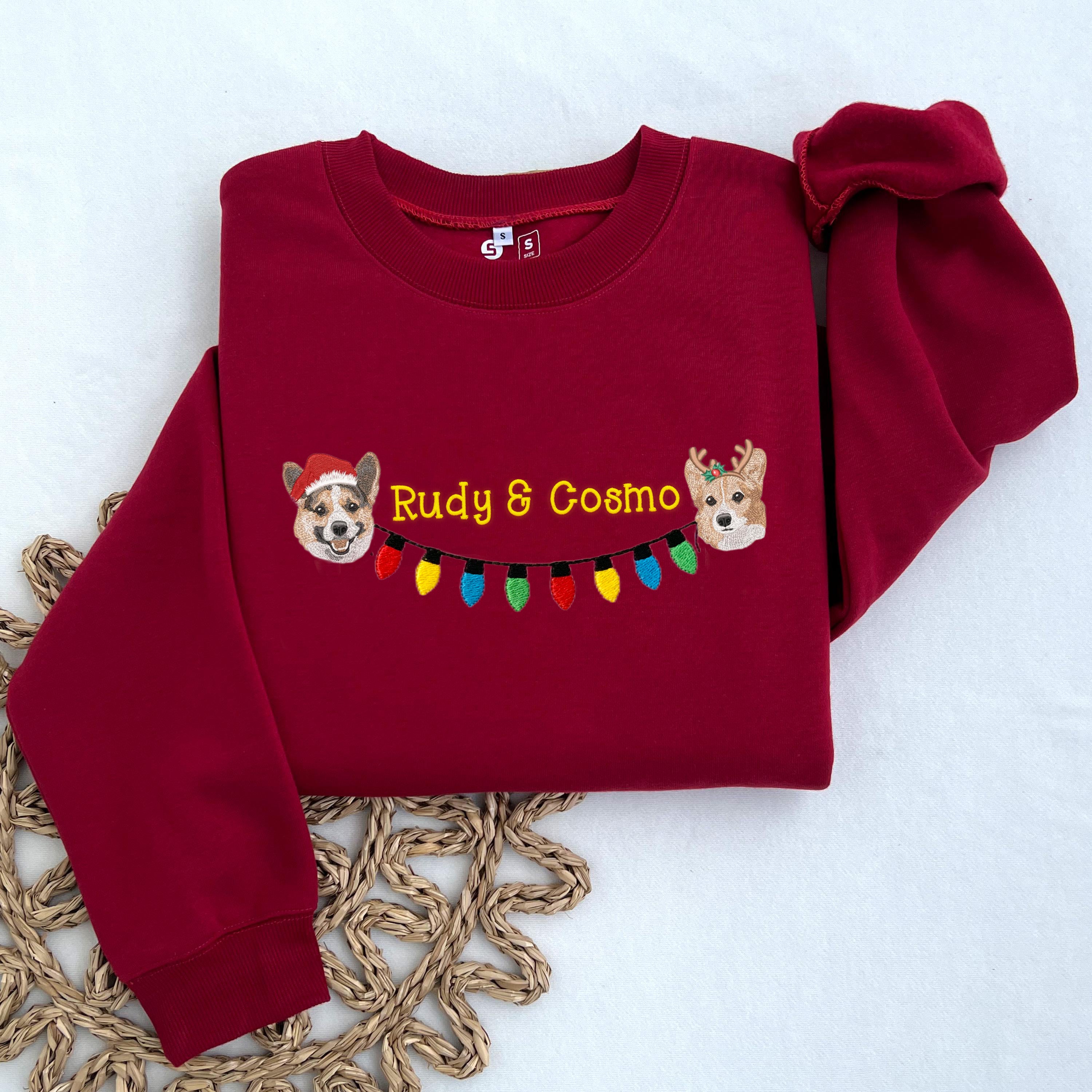 Custom 2 Pets Portrait and Christmas String Lights Embroidered Sweatshirt, Hoodie, T-shirt