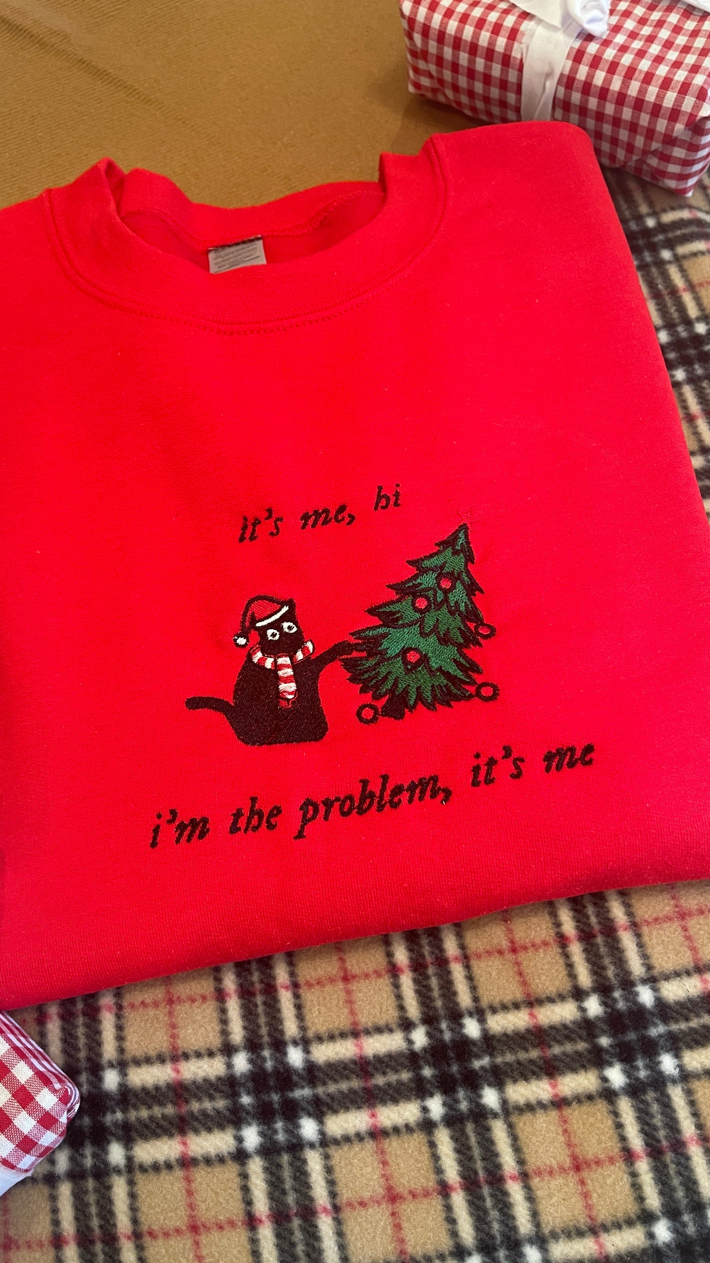 Its me, Hi Christmas Cat Embroidered Crewneck with custom coloured jumper