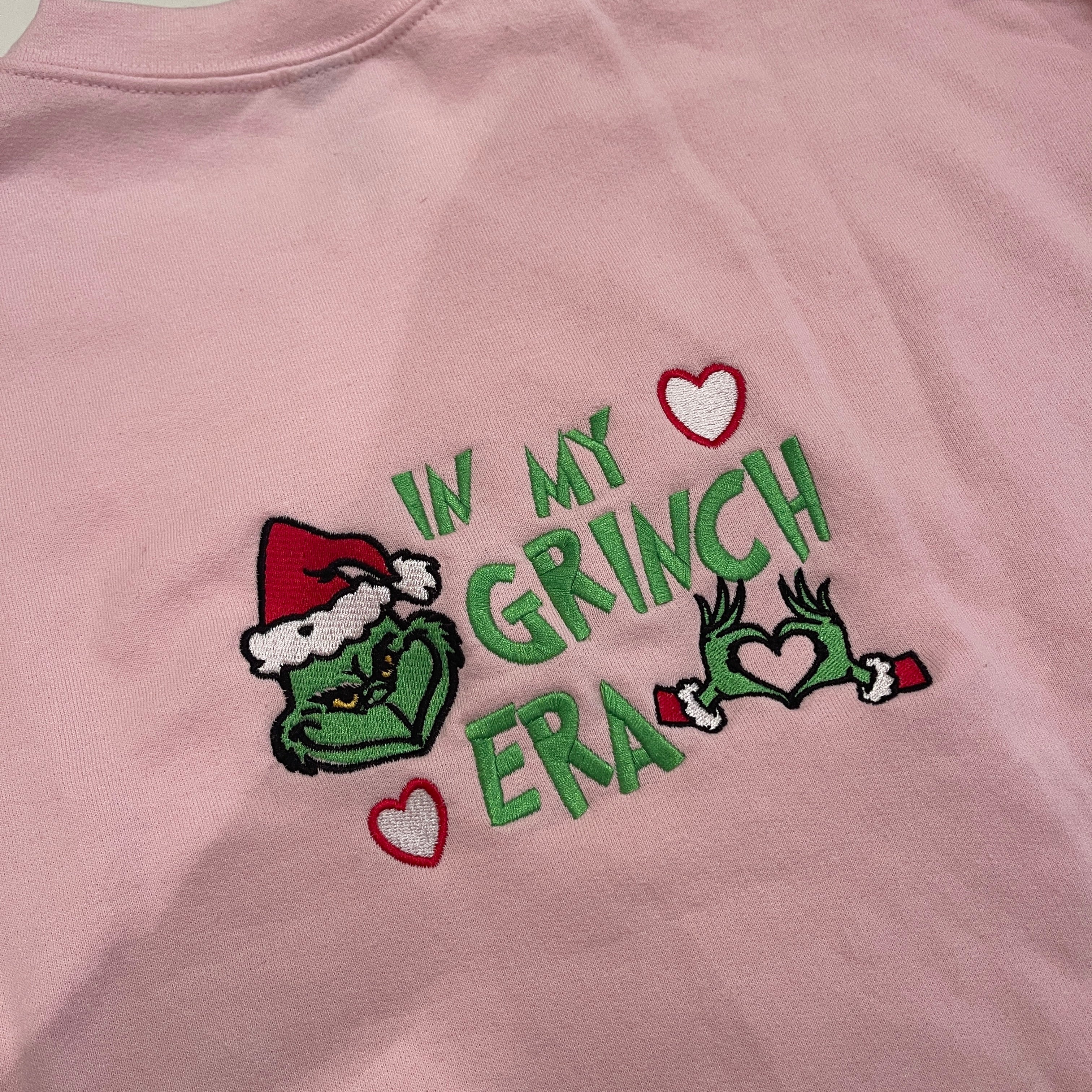 In my Grinch Era Embroidered Crewneck with custom colours