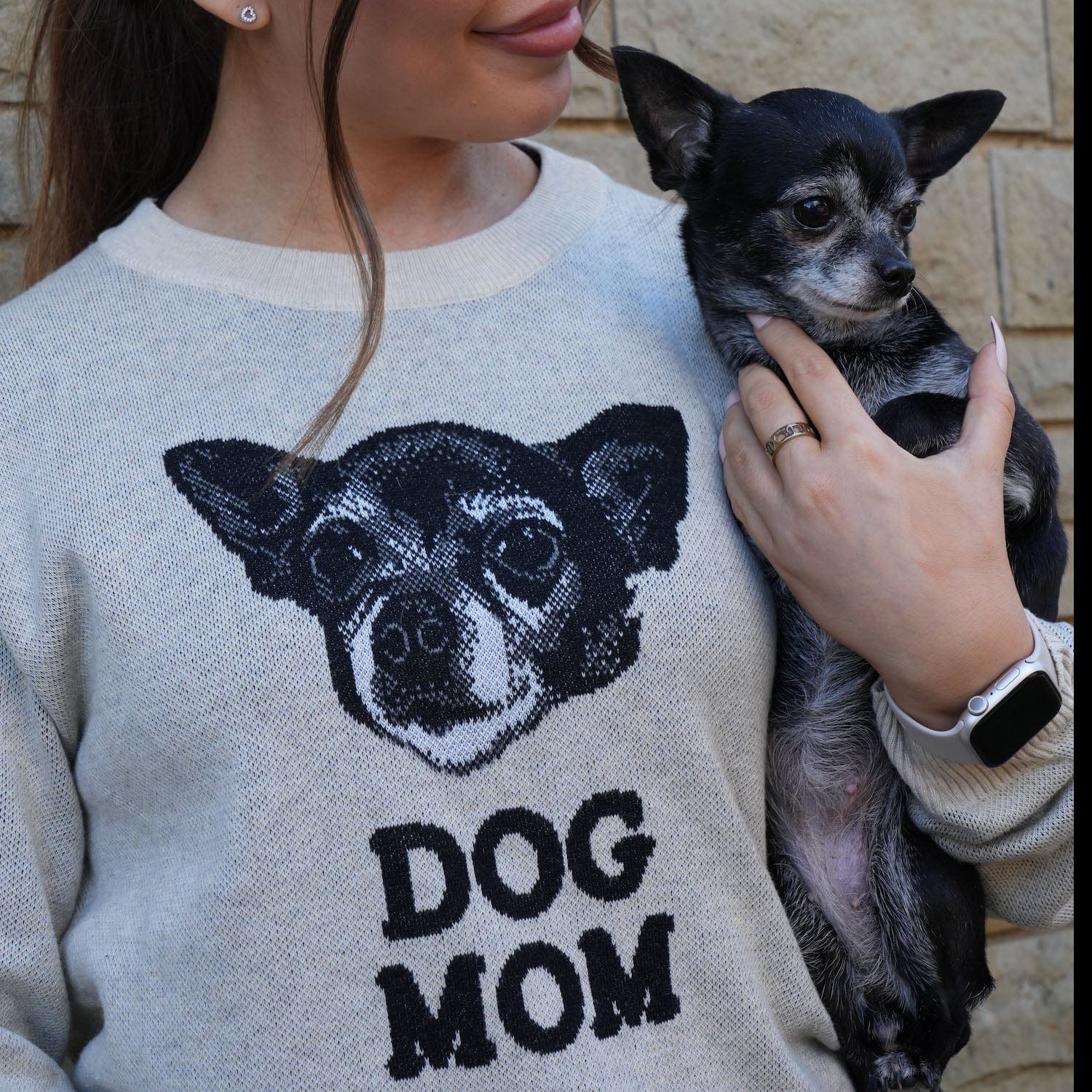 Custom Knitted Dog Mom Text and Pet Face Sweater