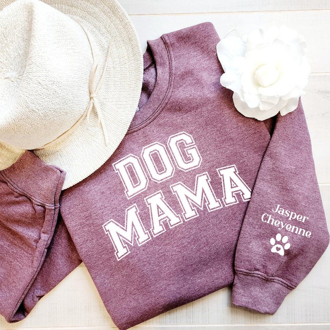 Personalized Dog Mama Vinyl Sweatshirt with Pet Names on Sleeve