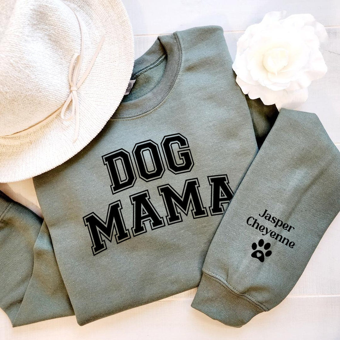 Personalized Dog Mama Vinyl Sweatshirt with Pet Names on Sleeve