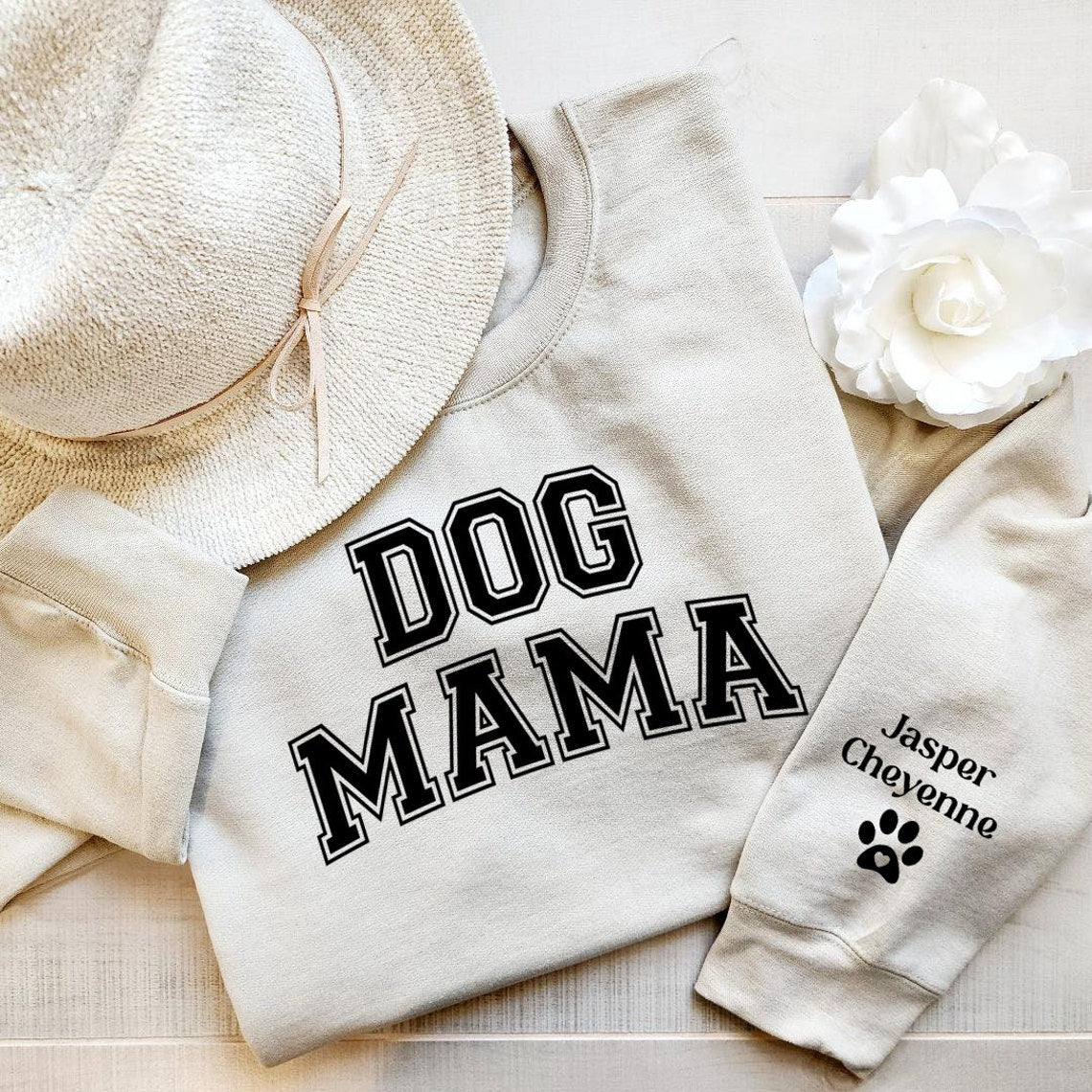 Personalized Dog Mama Vinyl Sweatshirt with Pet Names on Sleeve