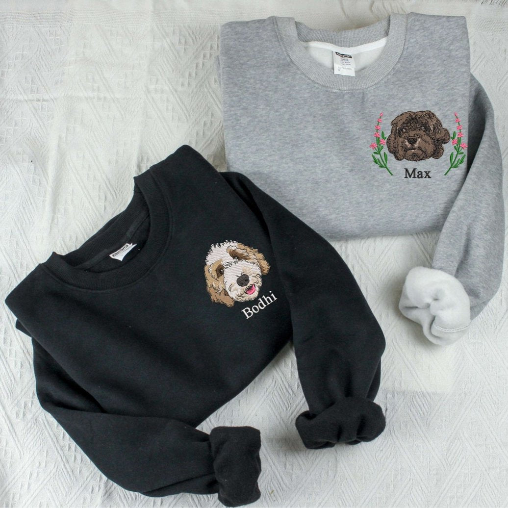 Personalized Embroidered Pet Face and Name Sweatshirt Shirt For Pet Lovers