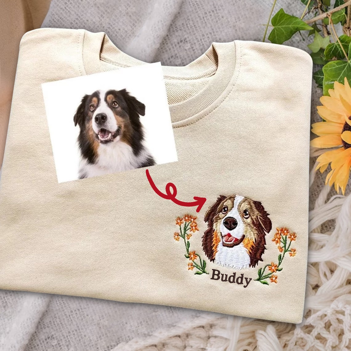 Personalized Embroidered Pet Face and Name Sweatshirt Shirt For Pet Lovers