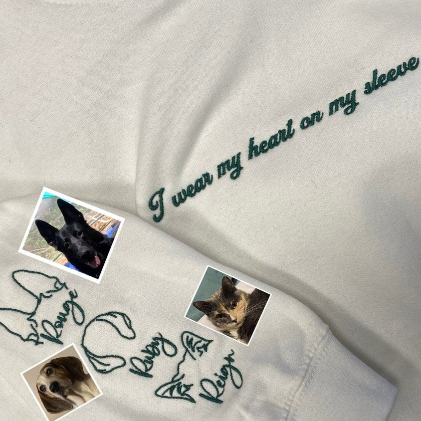 Personalized I Wear My Heart On My Sleeve Embroidered Sweatshirt with Dog Cat Ears On Sleeve Gift For Pet Lovers