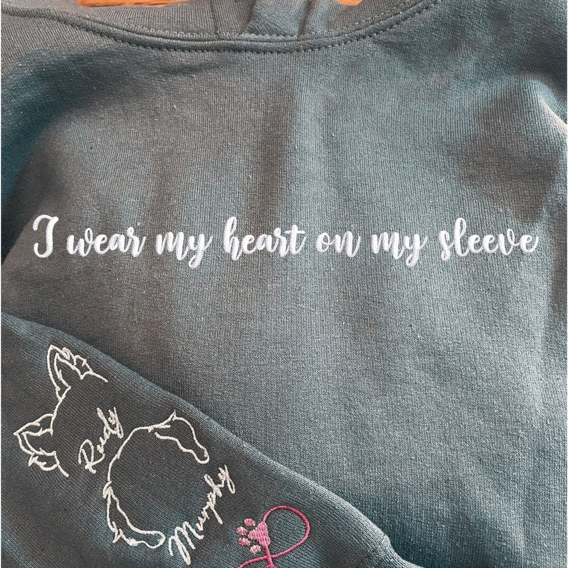 Personalized I Wear My Heart On My Sleeve Embroidered Sweatshirt with Dog Cat Ears On Sleeve Gift For Pet Lovers