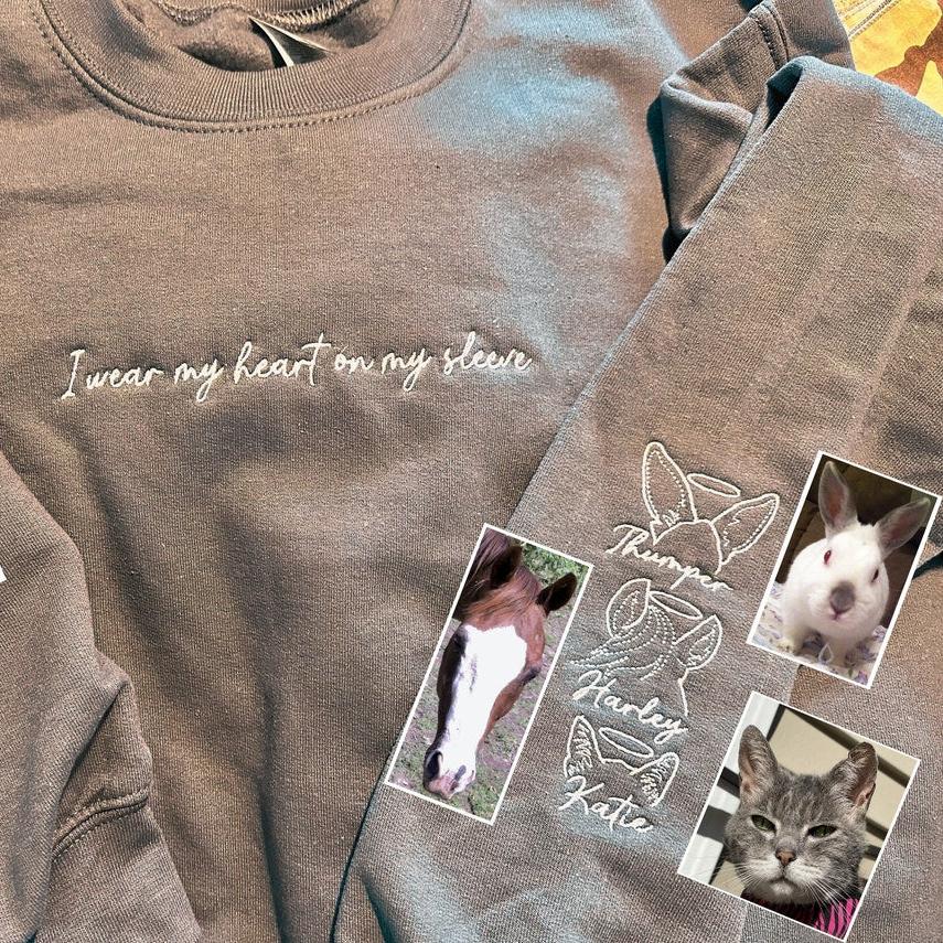 Personalized I Wear My Heart On My Sleeve Embroidered Sweatshirt with Dog Cat Ears On Sleeve Gift For Pet Lovers