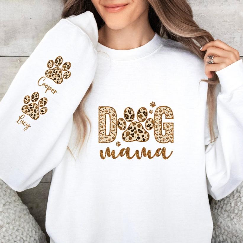 Personalized Leopard Dog Mama Sweatshirt With Dog Names on Sleeve Gift For Dog Mom