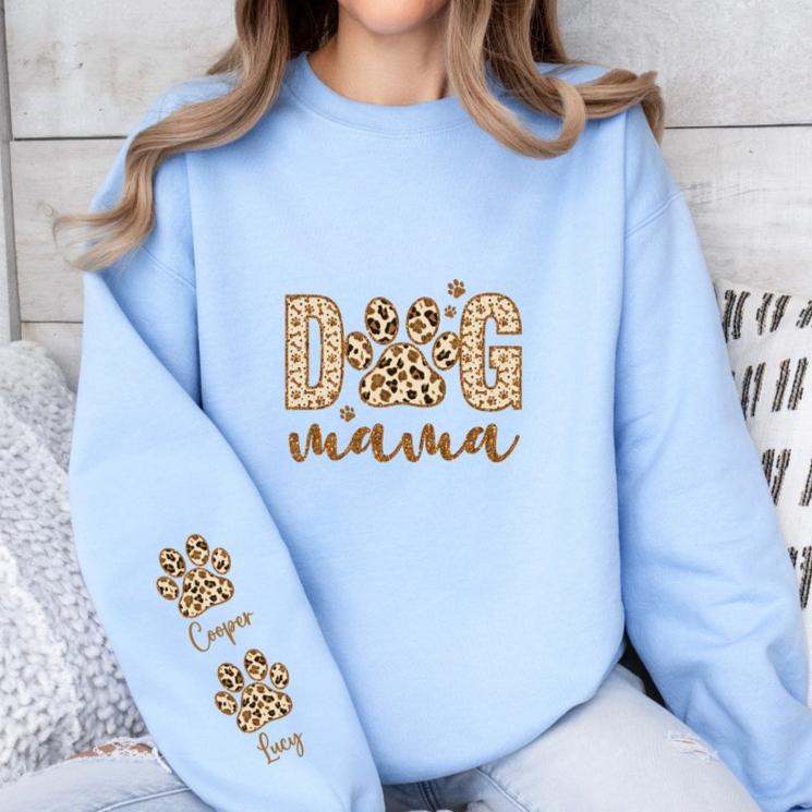 Personalized Leopard Dog Mama Sweatshirt With Dog Names on Sleeve Gift For Dog Mom