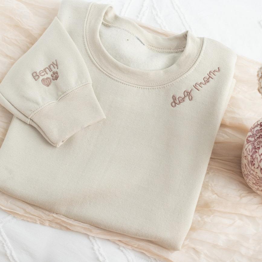 Embroidered Dog Mama Sweatshirt with Pet Names on Sleeve Gift for Pet Lover