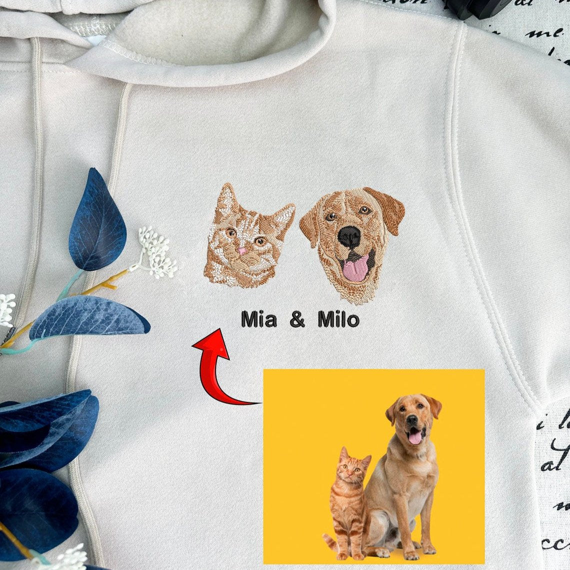 Personalized Plus Size Sweatshirt Hoodie with Embroidered Pet Face and Name Gift For Pet Lover