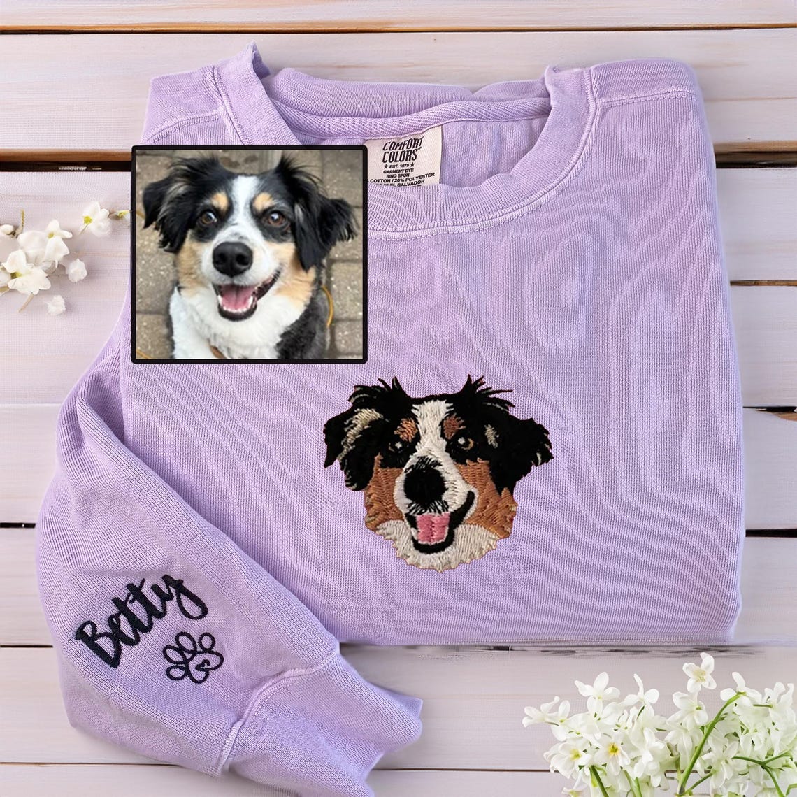 Embroidered Pet Face and Pet Name on Sleeve Sweatshirt for Pet Lovers