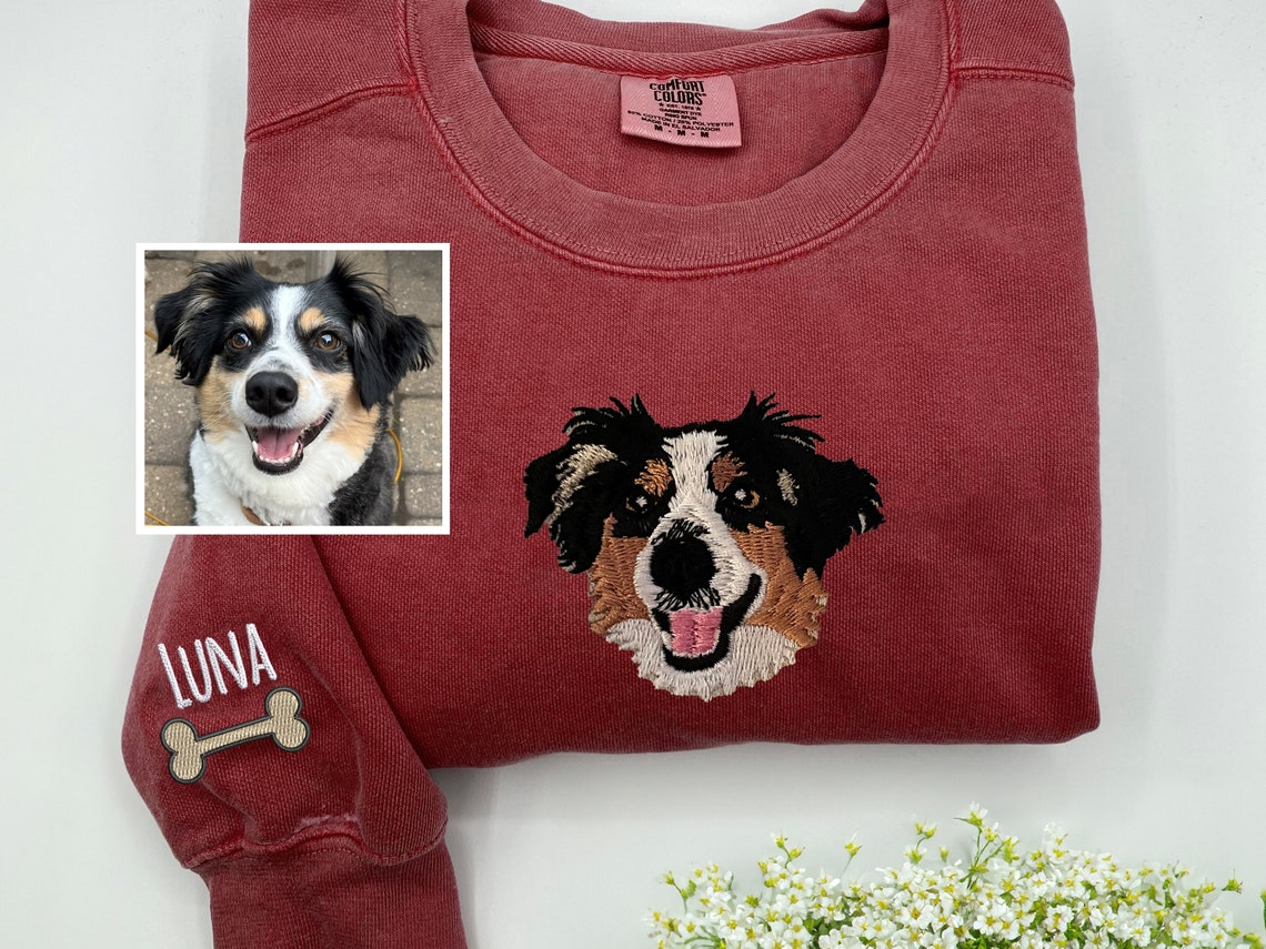 Embroidered Pet Face and Pet Name on Sleeve Sweatshirt for Pet Lovers