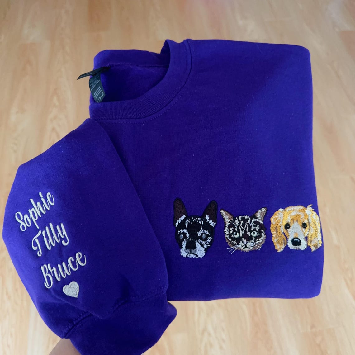 Embroidered Pet Face and Pet Name on Sleeve Sweatshirt for Pet Lovers