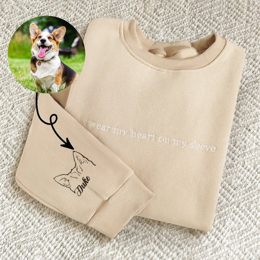 Best Sale!!Personalized Heart On My Sleeve Embroidered Sweatshirt Hoodie with Dog Cat Ears On Sleeve Gift For Any Pet Lovers