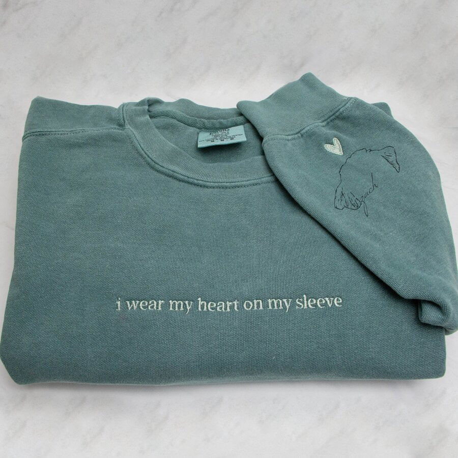 Personalized I Wear My Heart On My Sleeve Embroidered Sweatshirt with Dog Cat Ears On Sleeve Gift For Pet Lovers