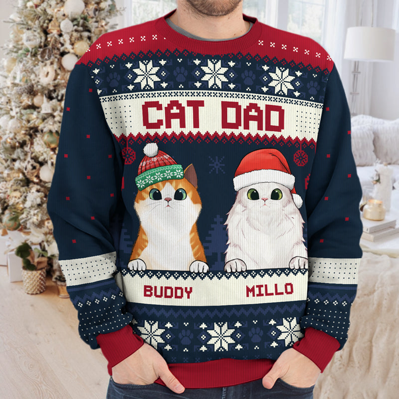 Merry Christmas, Cat Mom Cat Dad - Personalized Custom Unisex Ugly Christmas Sweatshirt, Wool Sweatshirt, All-Over-Print Sweatshirt - Gift For Cat Lovers, Pet Lovers, Christmas Gift