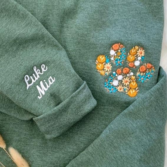 Personalized Embroidered Pet Paw Sweatshirt with Pet Names on Sleeve Gift for Pet Lovers