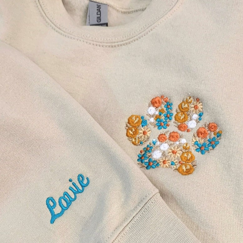 Personalized Embroidered Pet Paw Sweatshirt with Pet Names on Sleeve Gift for Pet Lovers