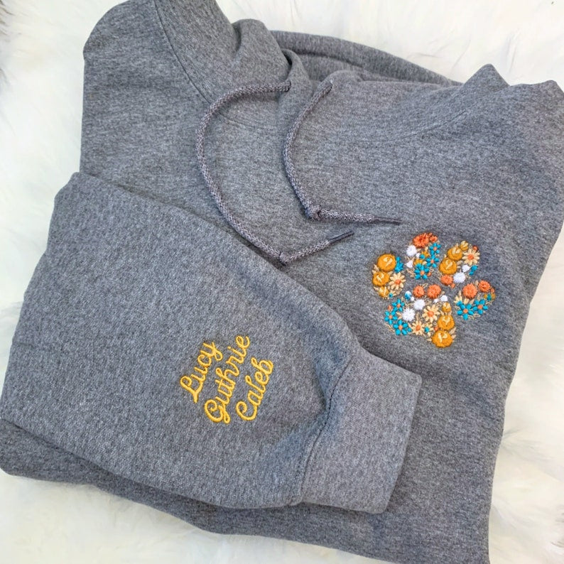 Personalized Embroidered Pet Paw Sweatshirt with Pet Names on Sleeve Gift for Pet Lovers