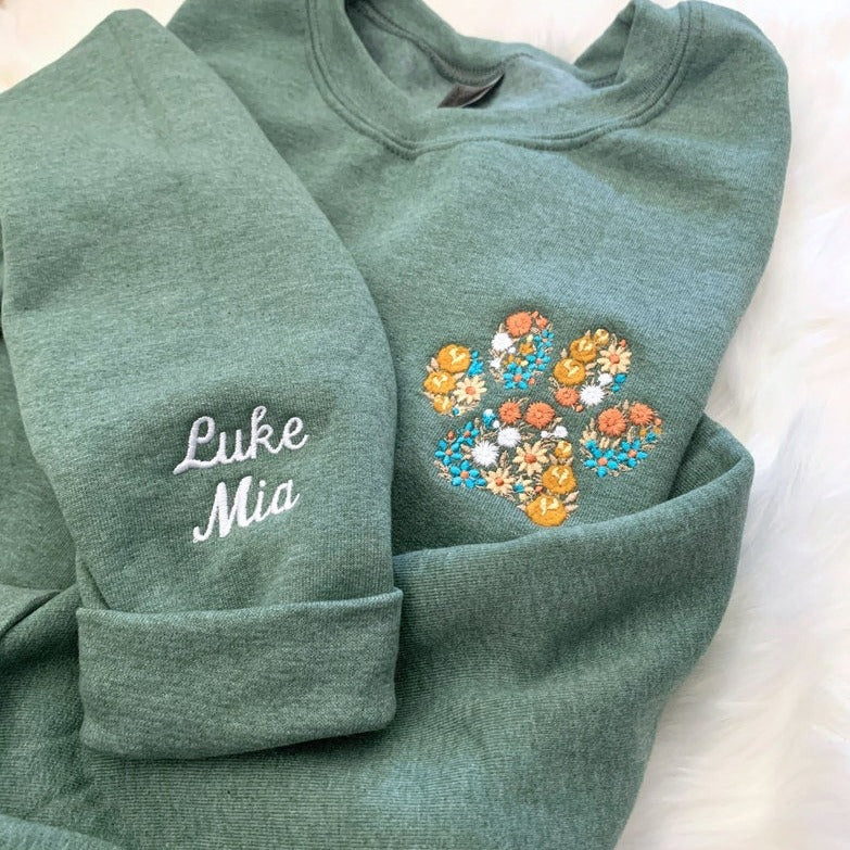 Personalized Embroidered Pet Paw Sweatshirt with Pet Names on Sleeve Gift for Pet Lovers