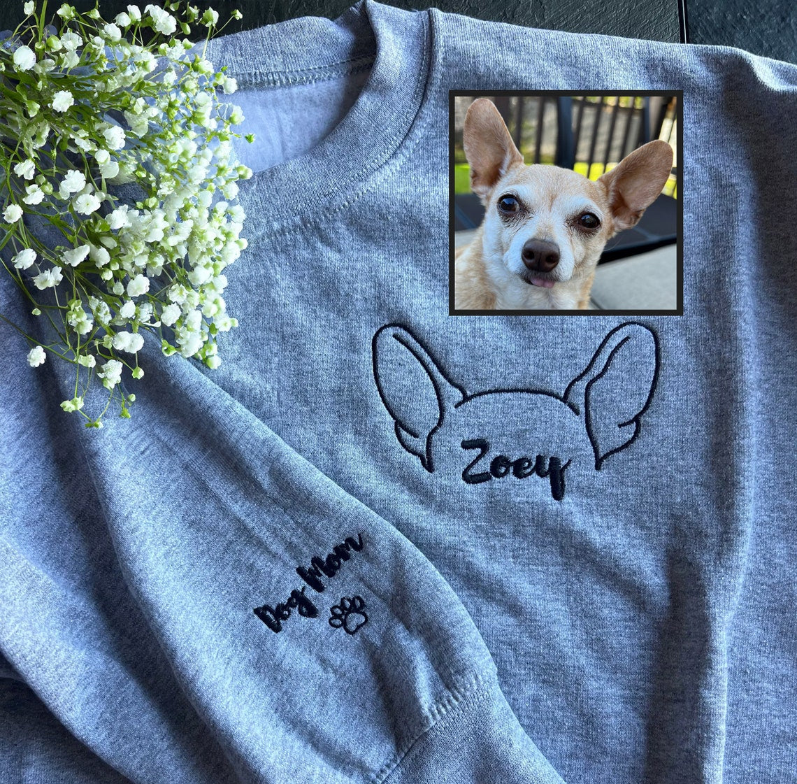 Embroidered Pet Ear Outline Sweatshirt Hoodie With Names Gift For Pet Lovers