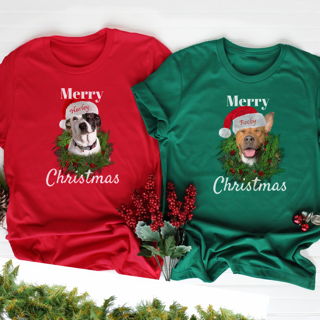 Custom Dog Face Christmas T-Shirt Sweatshirt Hoodie, Custom Merry Christmas Tee Using Dog Photo