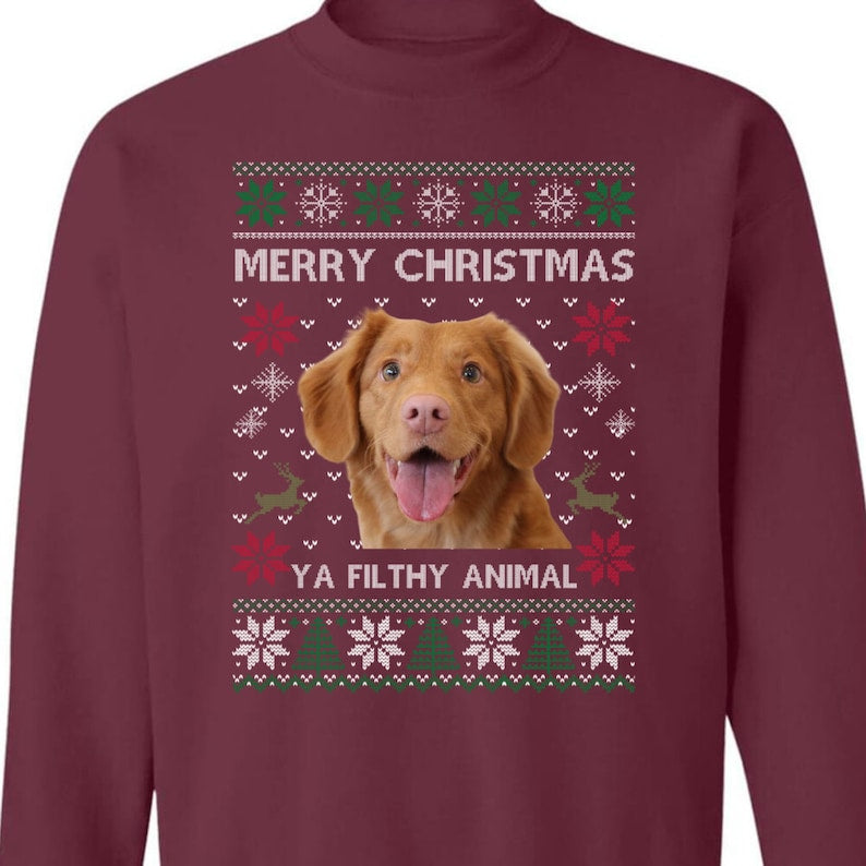 Custom Photo Ugly Christmas Ya Filthy Animal Dog Cat Sweatshirt, Dog Lover Sweater Christmas