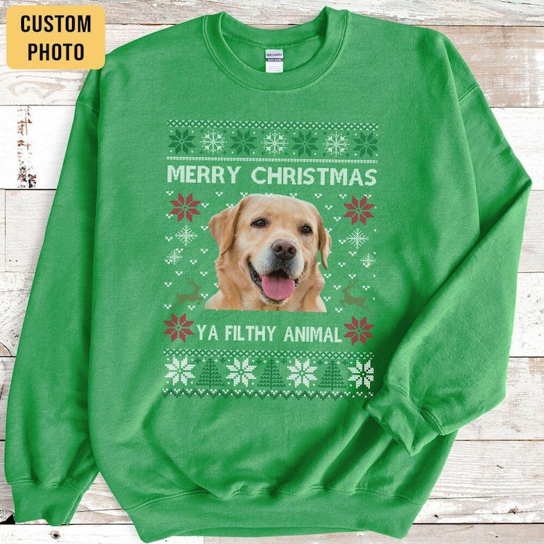 Custom Photo Ugly Christmas Ya Filthy Animal Dog Cat Sweatshirt, Dog Lover Sweater Christmas