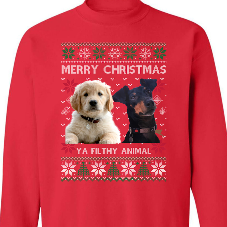 Custom Photo Ugly Christmas Ya Filthy Animal Dog Cat Sweatshirt, Dog Lover Sweater Christmas