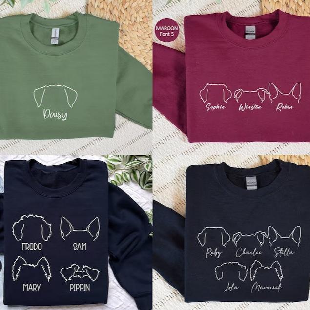 Embroidered Pet Ear Outline Sweatshirt Hoodie With Names Gift For Pet Lovers