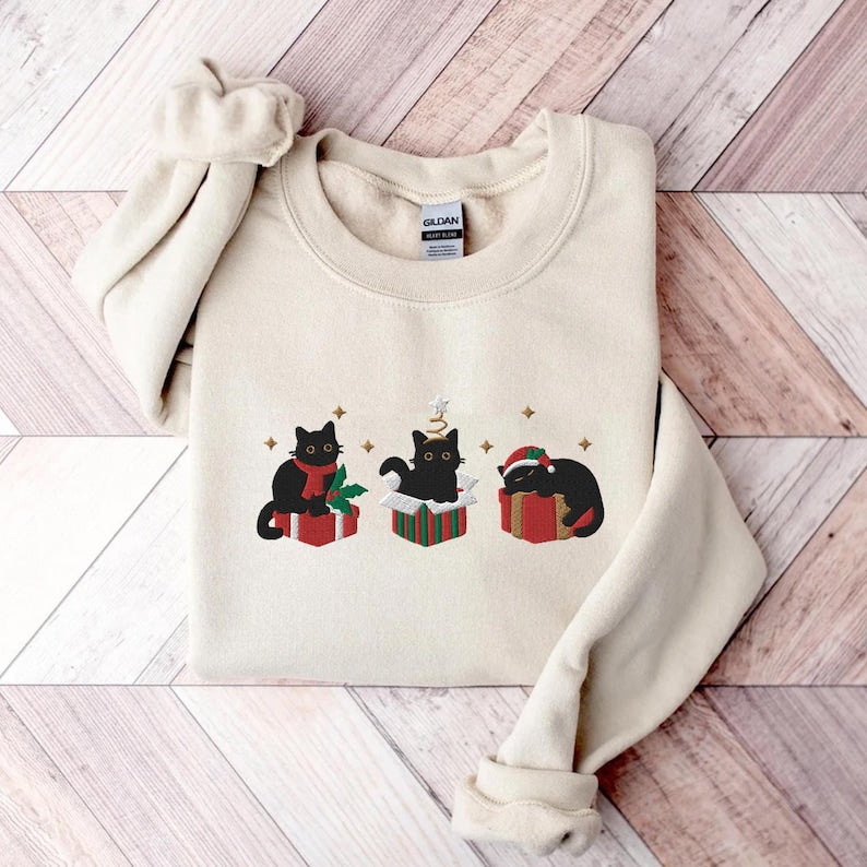 Embroidered Black Cat Sweatshirt, Christmas Sweatshirt, Holiday shirt, Cat Sweatshirt for Women, Funny Xmas Crewneck, Gift for girlfriend,