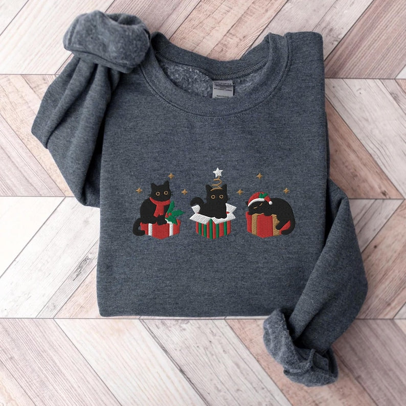 Embroidered Black Cat Sweatshirt, Christmas Sweatshirt, Holiday shirt, Cat Sweatshirt for Women, Funny Xmas Crewneck, Gift for girlfriend,