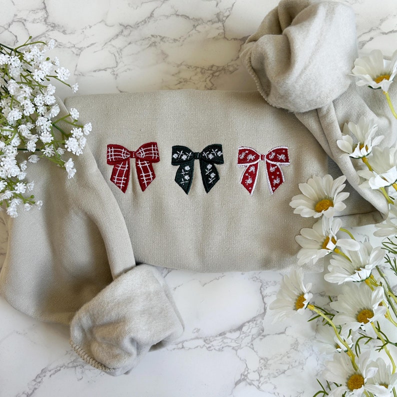 Embroidered Christmas Bow Sweatshirt, Embroidered Christmas Crewneck Sweatshirt, Embroidered Coquette Christmas Sweater, Custom Xmas Gift