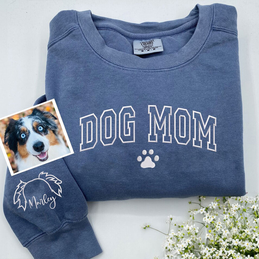 Custom Dog Mom Embroidered Sweatshirt With Dog Ears on Sleeve